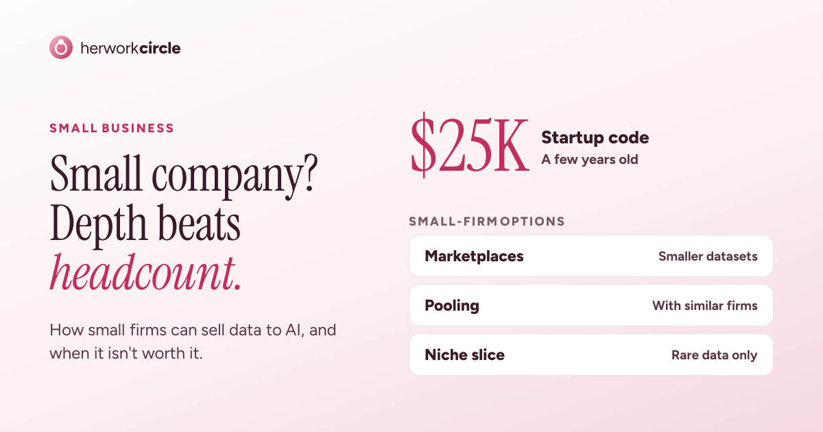 A startup only a few years old sold its code for about $25,000; small-firm options are marketplaces, pooling and a niche slice